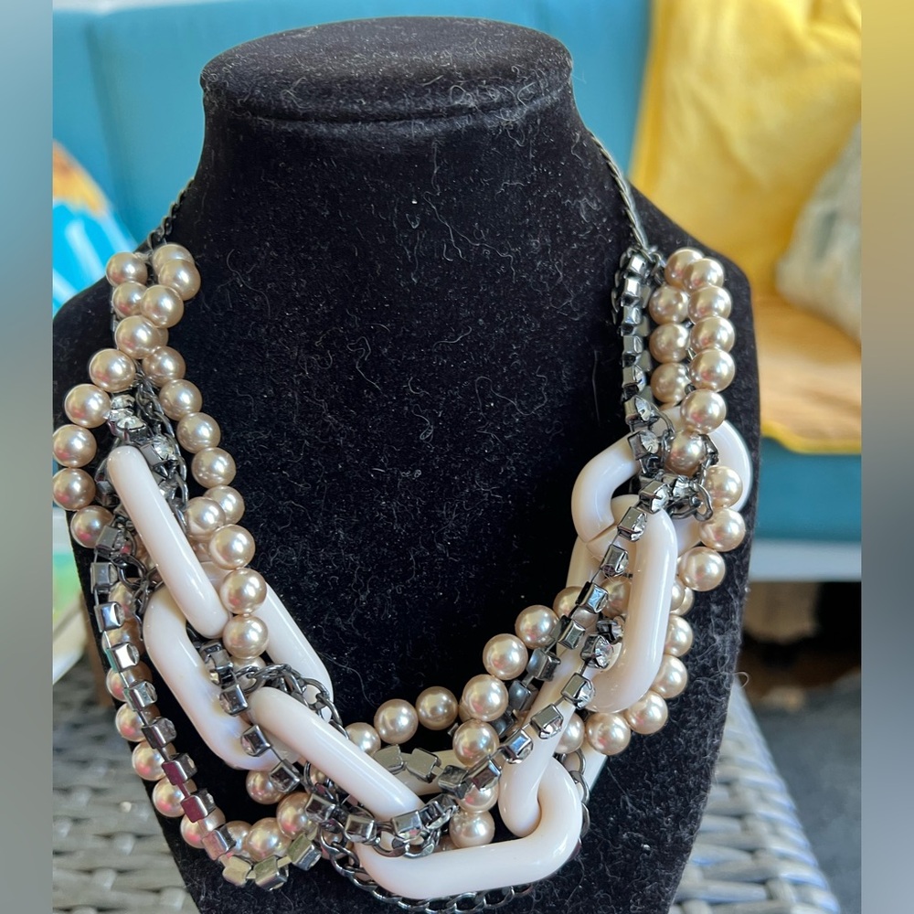 Vintage Lia Sophia chunky statement necklace faux pearls, rhinestones acrylic